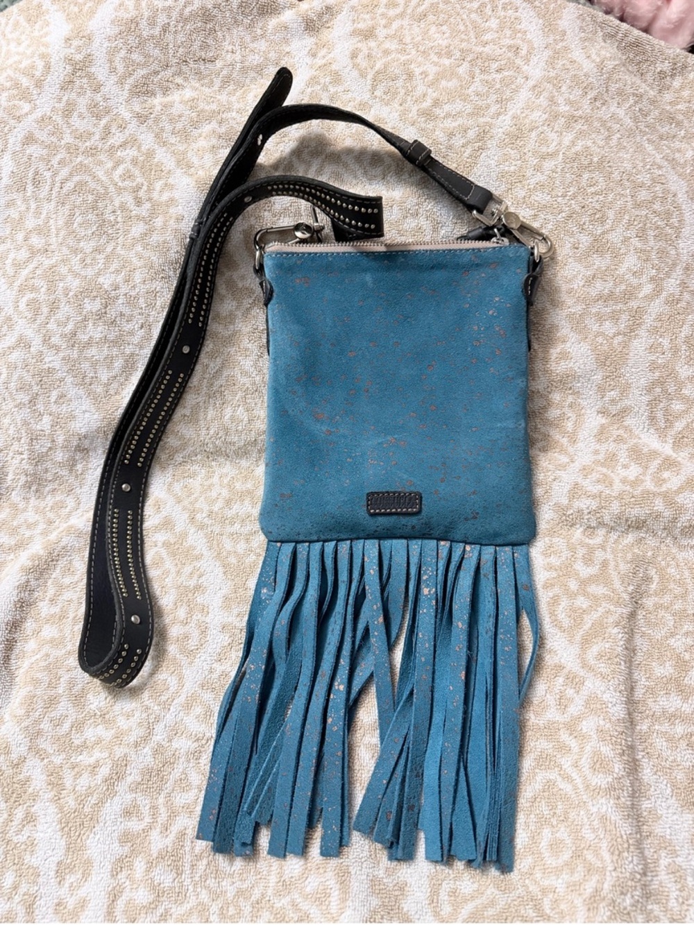 Consuela Nilo Explorer Turquoise Suede Fringe Crossbody Bag